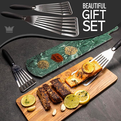Professional Fish Spatula Stainless Steel Set - 1 Large + 1 Small stainless steel spatula - mirror polished spatulas with heat resistant ergonomic handles - fish turner for Flipping, Frying & Grilling