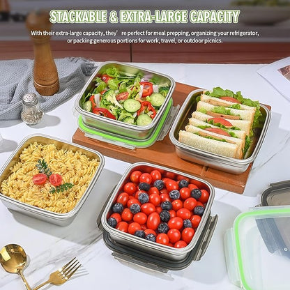 4 Pack Sandwich Containers, 40oz Stainless Steel Sandwich Box with Airtight Lids, Reusable Metal Meal Prep Lunch Boxes, BPA-Free, Dishwasher Safe, Large Capacity Food Storage Containers (Black)