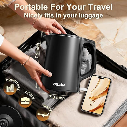 Dezin Electric Kettle, 0.8L Small Electric Kettle with Double Wall Construction, 304 Stainless Steel Electric Tea Kettle for Business Trip, Portable Travel Kettle with Auto Shut-Off (Without Cup)