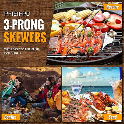 3PCS Grilling Savant 3 Way Skewers,14 Inch Metal Skewers for Grilling,Easy to Use Push Bar Slider, BBQ Accessory, Perfect for Meat,Veggies,Fruits,Marshmallow Roasting Sticks Grill Kabob Skewer.