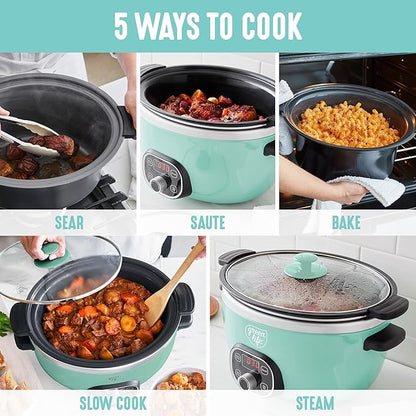 GreenLife 8QT Slow Cooker, Non-Toxic PFAS-Free Ceramic Nonstick Removable Interior Bowl, Programmable, Family Friendly, Keep Warm, Stovetop & Oven Safe, Dishwasher Safe Parts, Glass Lid, Turquoise