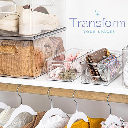Plastic Food Storage 4 Pack Clear Container Bin with Handles for Organizing Kitchen, Pantry, Fridge, Freezer, Pantry,Bathroom. Stackable. 10"x4"3"