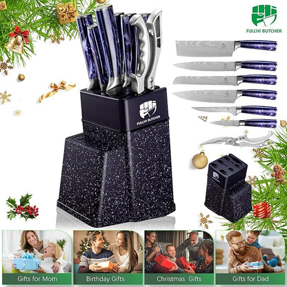 FULLHI 8pcs block Knife Set,chef's Knves Set with Block and Sharpener, Kitchen Knife Set,Multi-colour Handle, Gifts for Men Women