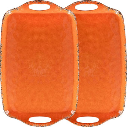Melamine Serving Tray with Handles, 19“ x 12" Vintage Large Rectangular Melamine Serving Platter for Serving Food, Serving Tray Set of 2, Dishwasher Safe, Orange