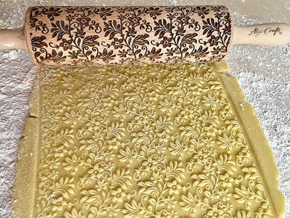 Embossing Rolling Pin FLORAL WREATH with Flowers Pattern. Dough and Clay Roller for Embossed Cookies and Pottery. Cookie and Ceramic Stamp. Backing Gifts for Women by Algis Crafts