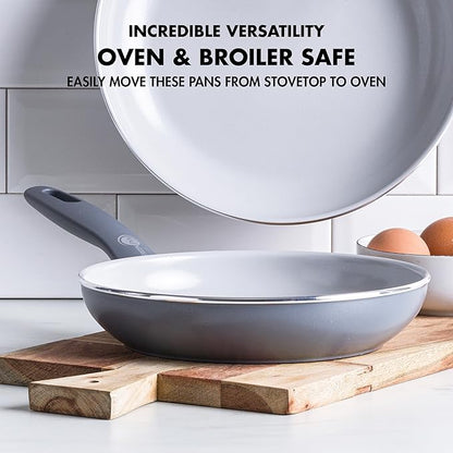GreenPan Dover 8" and 10" Frying Pan Skillet Set, Healthy Ceramic Nonstick Coating, PFAS-Free, Dishwasher Safe, Comfort Grip Handle, Gray