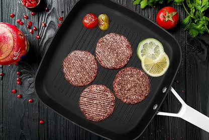 MsMk Square Grill Pan with lid, Stay-Cool Handle, Each Ridge Nonstick, Oven Safe Dishwasher Safe Induction Grill pans for Stove Tops, Square Frying Pan, Bacon Pan, Indoor Chicken Skillet, 11-Inch