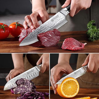 PAUDIN Damascus Knife Set 3 PCS, Japanese VG10 Steel Core, Ultra Sharp Chef Knife Set, Full Tang G10 Handle, Damascus Kitchen Knives