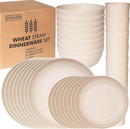 Wheat Straw Dinnerware Sets | Unbreakable Dinnerware Sets | Dishwasher Microwave Safe Dinnerware | Eco Friendly Non Breakable Dinnerware Sets | RV Outdoor Camping (Beige, Service for 8 (32 pcs))