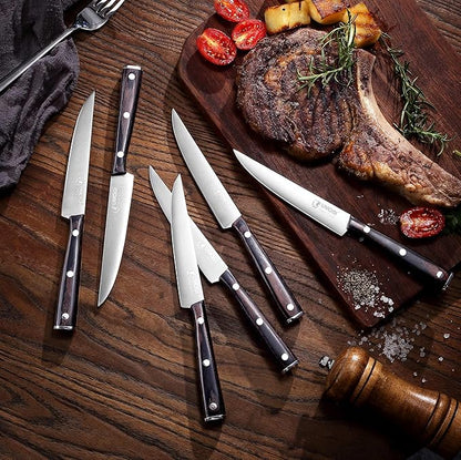 High-end Steak Knives Set of 6, Gift Box - Black Natural Wooden Handle, German Stainless Steel - Straight Edge Non Serrated - 4.8''Dinner Knife, Kitchen Tableware Knives Cutlery Set