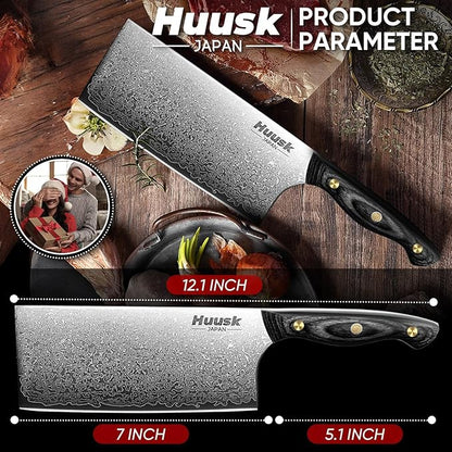 Huusk Damascus Cleaver Knife 7 inch, VG10 Butcher Knives for Meat Cutting, Kitchen Knives with Wood Handle for Chopper Vegetables, Hand Forged Chooping Knives, Birthday Dad Mom Gift