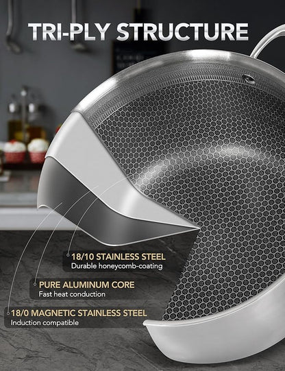 MICHELANGELO 6 Pcs Tri-ply Stainless Steel Pot Set, 2QT & 3QT & 8QT Pot with Lids, Nonstick HoneyComb Interior Cooking Pot Set, Compatible with All Cooktops, Oven & Dishwasher Safe