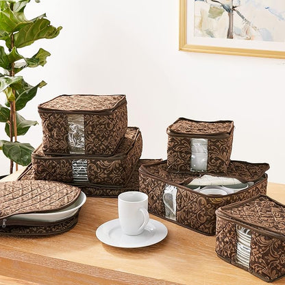 8-Piece Storage Containers Set – China, Brown, Quilted, Stackable Dish & Plate Protectors – Glass & Dinnerware Organizer Lids – Kitchen Storage for Meal, Tupperware, Glass Containers & Food Storage