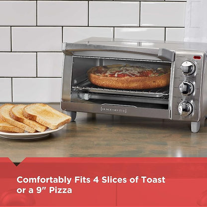 BLACK+DECKER 4-Slice Toaster Oven, TO1745SSG-1A, Even Toast, 4 Cooking Functions Bake, Broil, Toast and Keep Warm, Removable Crumb Tray, Timer