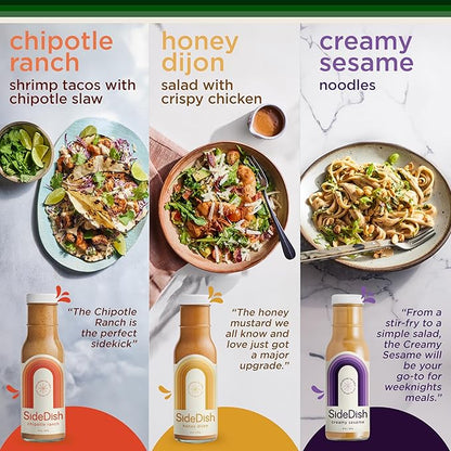 SideDish Salad Dressing Variety Pack (Pack of 3) – Chipotle Ranch, Creamy Sesame, Honey Dijon Made w/Avocado Oil – Healthy, Dairy & Gluten Free Cooking Sauces – Whole30 Dressing for Dips, Sauces