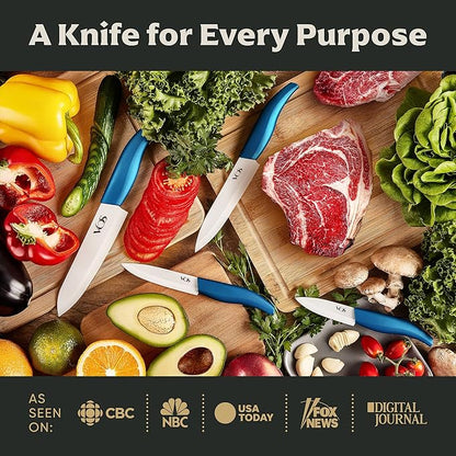 Vos Ceramic Knife Set with Block, Ceramic Knives Set For Kitchen, Ultra Sharp Kitchen Knife Set with Covers, 3" 4" 5" 6" Chef Knife, Utility, Paring & Versatile, Lightweight, Dishwasher safe (Blue)