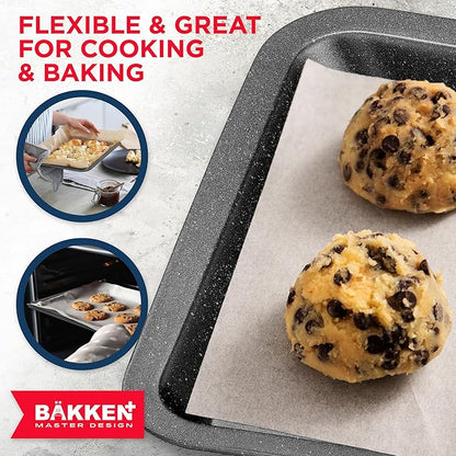 BAKKEN 3-Piece Kitchen Baking Pans - Small, Medium, and Large Cookie Pan, With Nonstick Coating, Stackable and Space-saving Design, PFOA, PFOS, PTFE Free, Oven Safe Tray (Up To 450°F), Gray Marble
