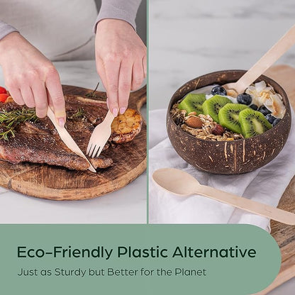 PURPLECLAY Disposable Wooden Utensils 300 PCS (100 Sets) Cutlery Wrapped with Fork, Spoon, Knife, Napkin