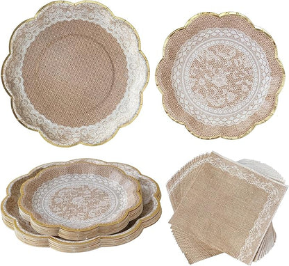 Kate Aspen Burlap & Lace Party Decorations - 62 Piece Rustic Bridal Shower and Wedding Tableware Set for 16 Guests - Disposable Floral Paper Plates and Napkins Party Supplies