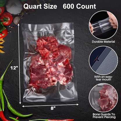 600 Vacuum Sealer Bags For Food 8x12 Inch, BPA Free Quart Freezer Sealed Bags, Compatible with All Heat Vacuum Sealers Machine, Heavy Duty, Great for vac storage, Meal Prep or Sous Vide