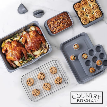 Country Kitchen Nonstick Stackable Bakeware Set - Deluxe Heavy Duty, Durable, Easy Release Baking Set, 8 Pcs, Grey