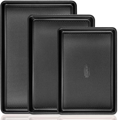 Cookie Sheets for Baking Nonstick - HONGBAKE Baking Sheet Pan Set of 3, Half/Quarter/Jelly Roll Pan for Oven with Diamond Texture Pattern, 57% Thicker Carbon Steel Cookie Trays, Dark Grey