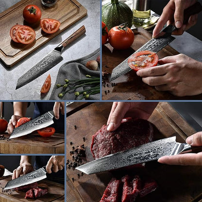 Chef Knife 8 Inch Damascus Japan VG-10 Super Stainless Steel Professional High Carbon Super Sharp Kitchen Cooking Knife, Ergonomic Color Wooden Handle Luxury Gift Box