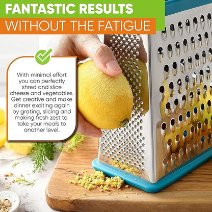 Spring Chef Handheld Stainless Steel XL Parmesan Cheese Grater with Handle - 4 Sided Metal Box Grater for Kitchen - Dishwasher Safe Potato Shredder for Hash Browns, Potato, Carrot, Vegetables - Teal