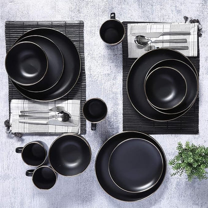 Gibson Home Rockaway Round Stoneware Dinnerware Set, Service for 4 (16pcs), Black/Gold Rim