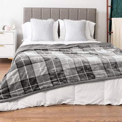 PAVILIA Light Grey Plaid Sherpa Throw Blanket for Couch, Plush Flannel Fleece, Soft Fuzzy Cabin for Sofa Bed, Warm Cozy Winter Gift, 50x60