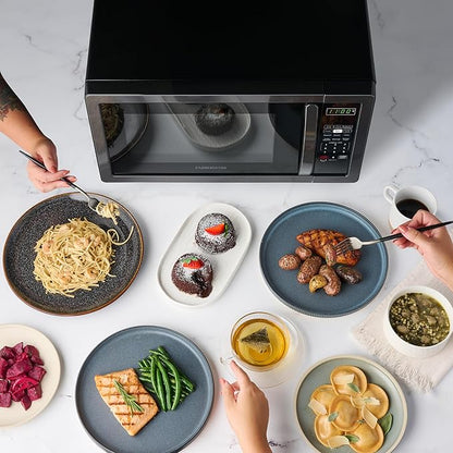 Farberware 1.1 Cu. Ft. Countertop Microwave Oven – 1000 Watts Power, Auto Cook Settings, Defrost, Easy Clean and Child Safety Lock - Stainless and Black