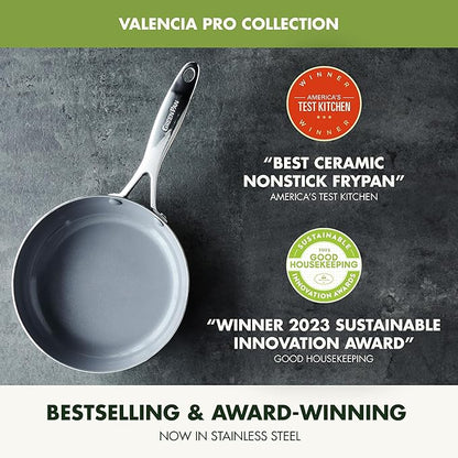 GreenPan Valencia Pro Tri-Ply Stainless Steel 8” 10” & 12” Frying Pan Skillet Set, Ceramic Nonstick PFAS-Free Coating, Multi Clad Cookware, Induction, Dishwasher Oven and Broiler Safe