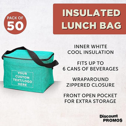 DISCOUNT PROMOS Custom Insulated Cooler Lunch Bag Set of 50, Personalized Bulk Pack - Perfect for Work, Travel, Outdoor Events - Mint