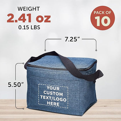 Custom Insulated Cooler Lunch Bag Set of 10, Personalized Bulk Pack - Perfect for Work, Travel, Outdoor Events - Blue