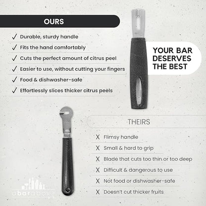 A Bar Above Black Handle Stainless Steel Channel Knife, Chef-Grade Citrus Garnish Tool, Zester and Fruit Peeler for Cocktails, Culinary Presentation, and Kitchen Use