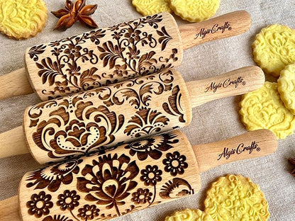 FLOWERS 3 Kid Rolling Pin Set with Damask, Folk and Floral Wreath Patterns. Wooden Laser Cut Mini Rolling Pins for Cookies, Play Dough, Salt Dough or Clay by Algis Crafts