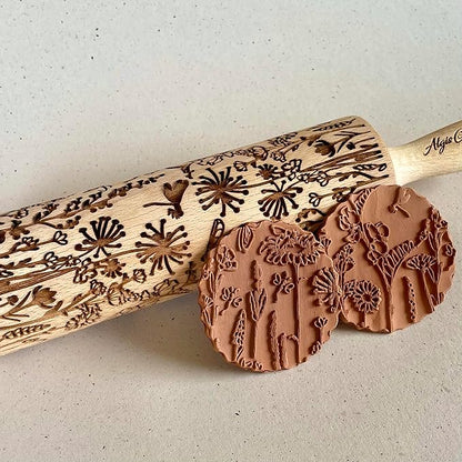 MEADOW Embossing Rolling Pin. Laser Engraved Rolling Pin for Pottery and Cookies by Algis Crafts