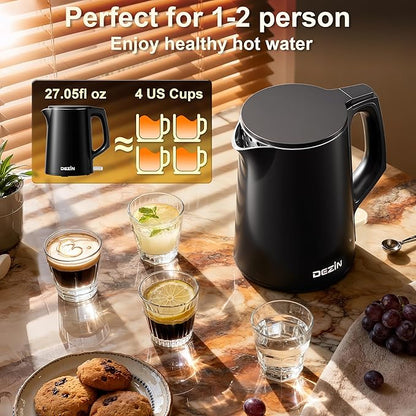 Dezin Electric Kettle, 0.8L Small Electric Kettle with Double Wall Construction, 304 Stainless Steel Electric Tea Kettle for Business Trip, Portable Travel Kettle with Auto Shut-Off (Without Cup)