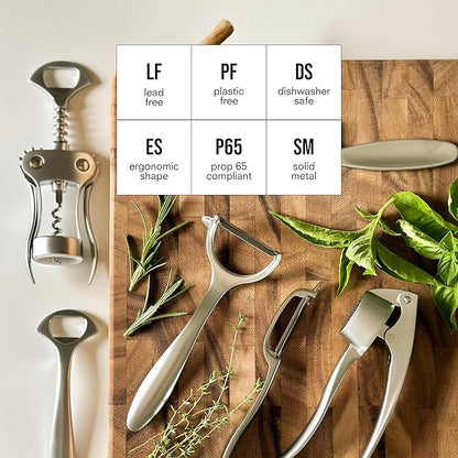 Public Goods Kitchen Tool Set | 6 Piece Kitchen Utensil Set | Includes Y-Peeler, Peeler, Bottle Opener, Wine Opener, Pizza Cutter, and Garlic Press | Plastic-Free, Dishwasher Safe Gadget Essentials