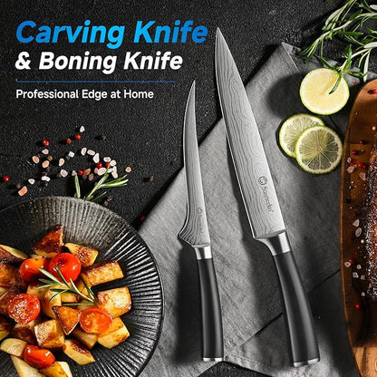 Sunnecko Knife Set with Block and Sharpener, 15 PCS Kitchen Knife Block Set Sharp Kitchen Knives High Carbon Stainless Steel with Black Handles