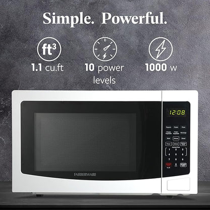 Farberware 1.1 Cu. Ft. Countertop Microwave Oven – 1000 Watts Power, Auto Cook Settings, Defrost, Easy Clean and Child Safety Lock-White