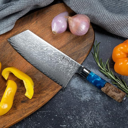 SENKEN Damascus Steel Cleaver Knife - Tsunami Collection - 67-Layer Japanese VG10 Steel - Unique Blue Resin & Natural Wood Handle, Razor Sharp, Beautiful Damascus Wave Pattern (7.5" Cleaver Knife)