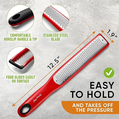 Spring Chef Premium Red Lemon Zester Grater with Handle - Fruit, Garlic, Citrus, Nutmeg, Orange Zester Tool - Heavy Duty Kitchen Shredder - Stainless Steel Ginger Grater with Blade Cover - Fine Shred