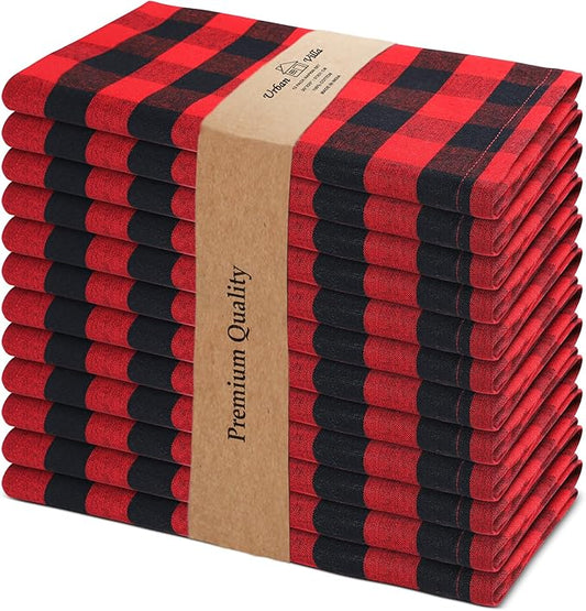 Urban Villa Cotton Dinner Napkins Set of 12, 20x20 Inche Soft Premium Cotton Napkins, Hotel Quality Highly Absorbent, Reusable & Washable Mitered Corner Table DinnerNapkins - (Red/Black, Checks)