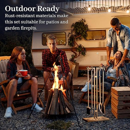 2WAYZ FLAMELY 5-Piece Fireplace Tools Set - Includes Fire Poker, Shovel, Brush, Tongs, Stand - Heavy-Duty Fireplace Accessories and Fire Tools for Indoor or Outdoor Use