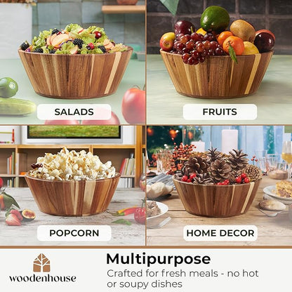 Wooden Bowls, Wooden Salad Bowl Set of 3 - Round Design Large Salad Bowl Set for Serving, Handmade, Durable and Stylish Natural Wood Dining Accessory by Woodenhouse