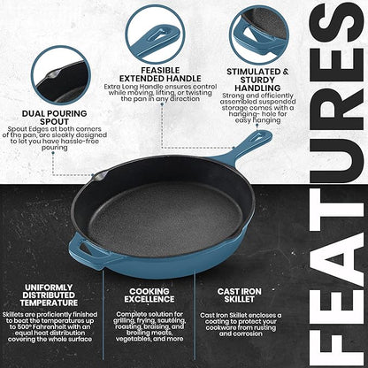 Utopia Kitchen Cast Iron Frying Pan 12 Inch, Cast Iron Chefs Pan, Pre Seasoned Skillet, Safe Grill Cookware for Indoor & Outdoor Use, Teal