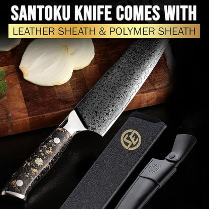 SliceElite Elite Series 7 Inch Santoku Knife VG10 Damascus Steel Forged Carbon Fiber Handle Dual Protection Cutting Kitchen Tool Sharp Vegetable Meat Chopping BBQ Chef Slicing Cleaver Camping Butcher