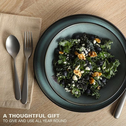Gibson Elite Tribeca Loft 16-Piece Dinnerware Set – Matte Black and Green Reactive Glaze Stoneware, Double Bowl Round Plates and Bowls – Modern Rustic Tableware for 4, Dishwasher & Microwave Safe