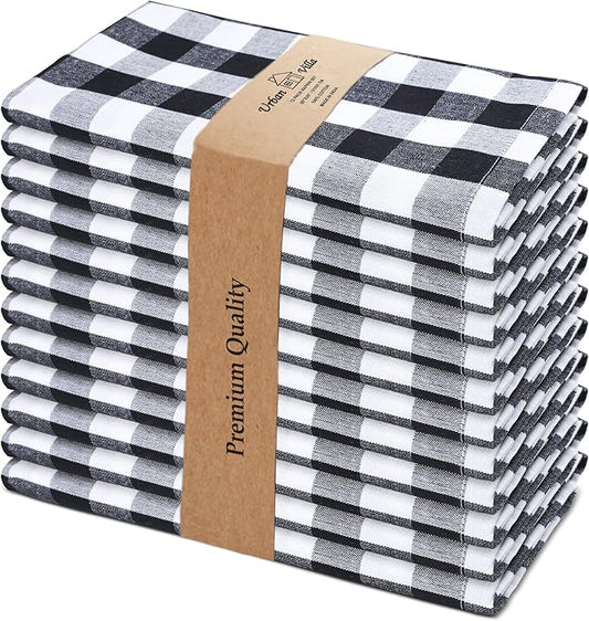 Urban Villa Cloth Dinner Napkins Set of 12 20''x20''100% Cotton Black White Buffalo Checks Highly Absorbent Washable Reusable Durable Ideal for Farmhouse Party Thanksgiving Fall Christmas Everyday Use